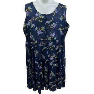 Argee 3X Floral Sleeveless Button Up Dress Navy Purple Yellow Lightweight Summer